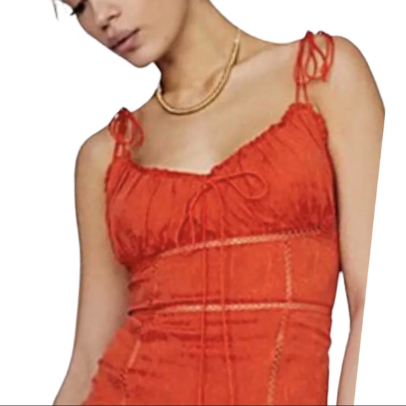 New Free People Athena 0 & 4 Rust Orange Silky Ruched Shoulder Tie Midi Dress - Picture 3 of 6
